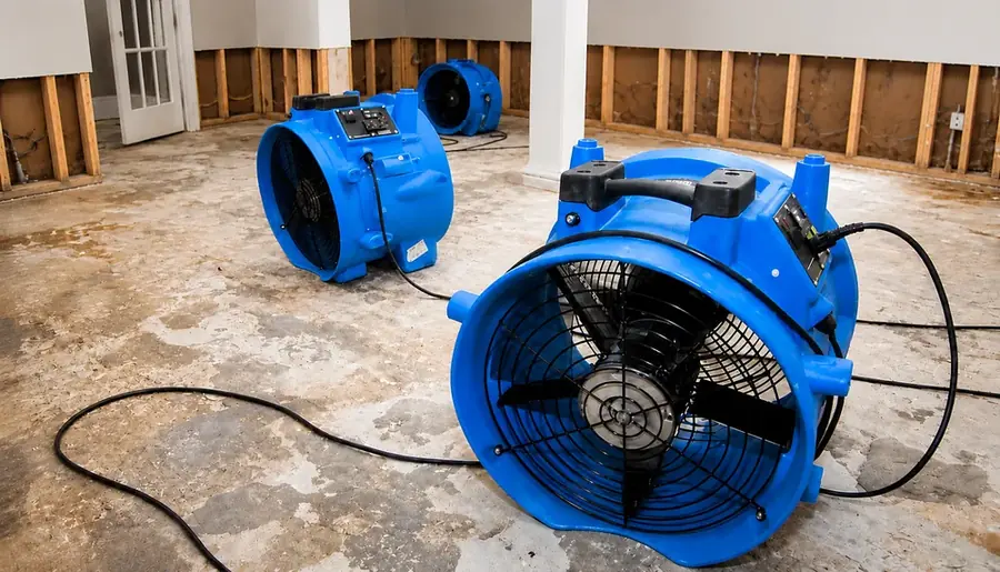 Air movers drying a room after a leak in a Williamstown, NJ home